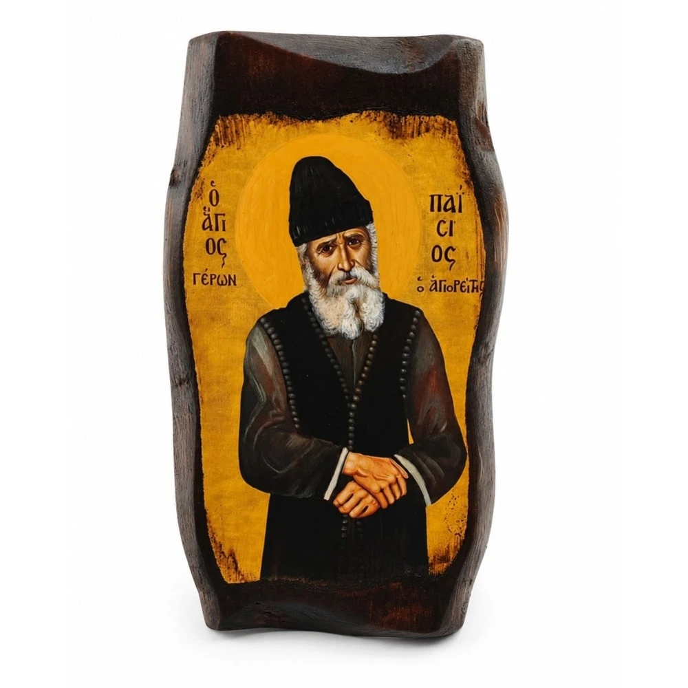 Icon of Saint Paisios (2) on Natural Pine Wood Irregural shaped 1