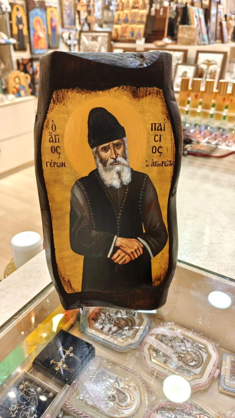 Icon of Saint Paisios (2) on Natural Pine Wood Irregural shaped 2