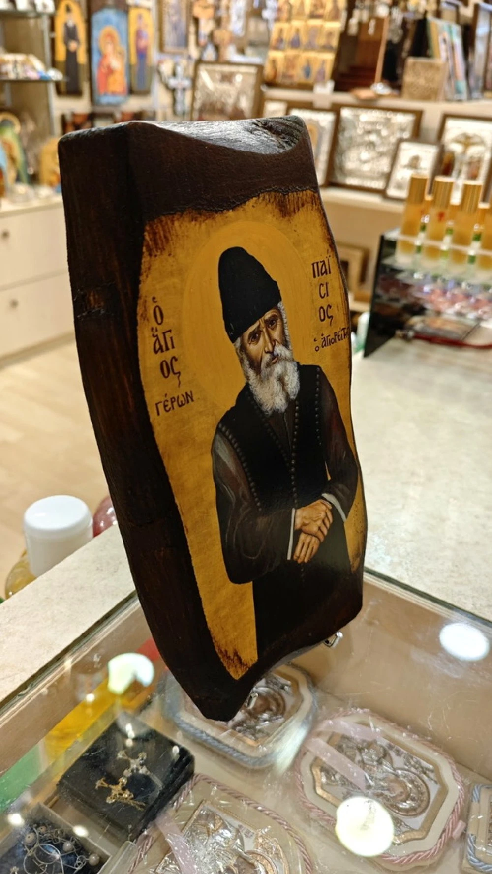 Icon of Saint Paisios (2) on Natural Pine Wood Irregural shaped 3