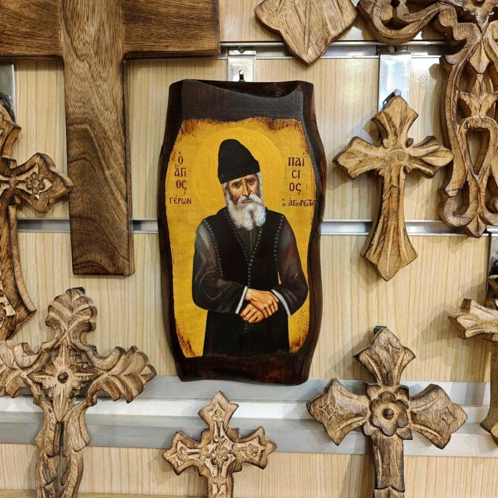 Icon of Saint Paisios (2) on Natural Pine Wood Irregural shaped 4
