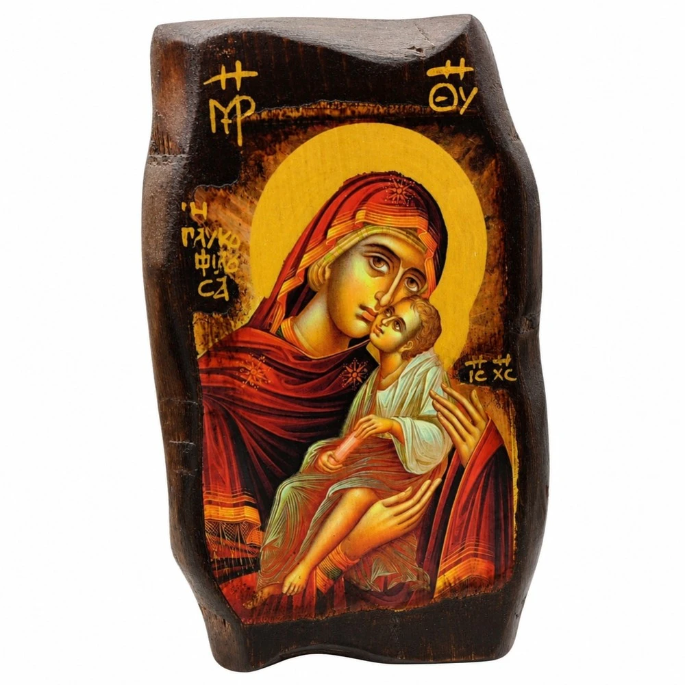 Icon of Virgin Mary Glykofilousa on Natural Irregular Pine Wood 1