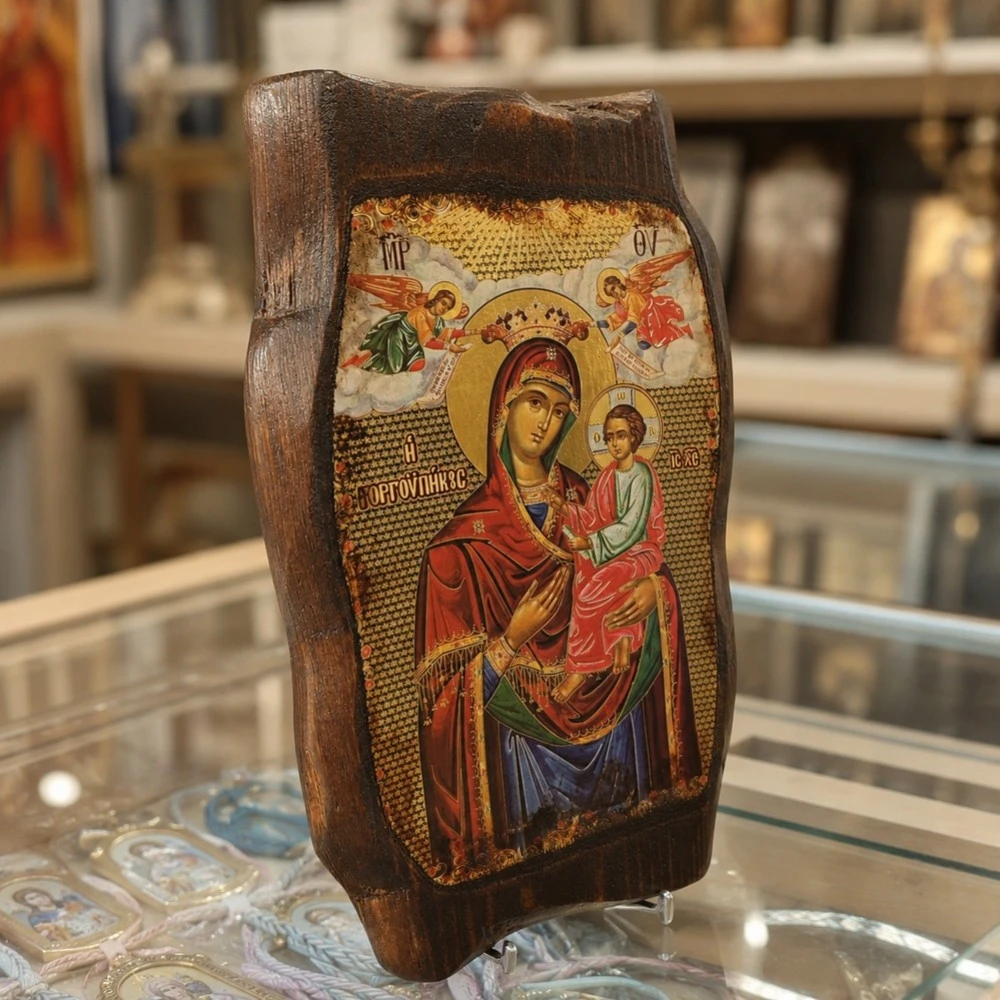 Εικόνα Παναγία η Γοργοεπήκοος σε Φυσικό Ακανόνιστο Ξύλο Πεύκου 3