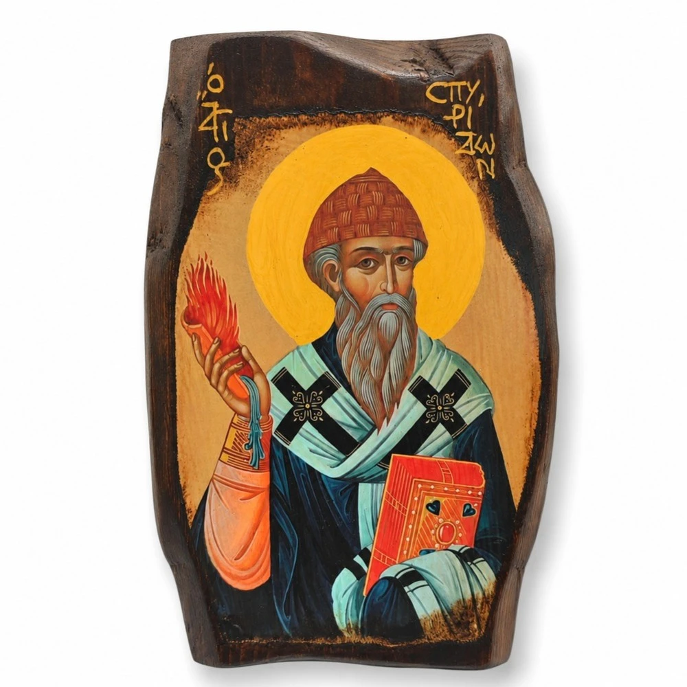 Icon of Saint Spyridon on Natural Pine Wood Irregural shaped 1