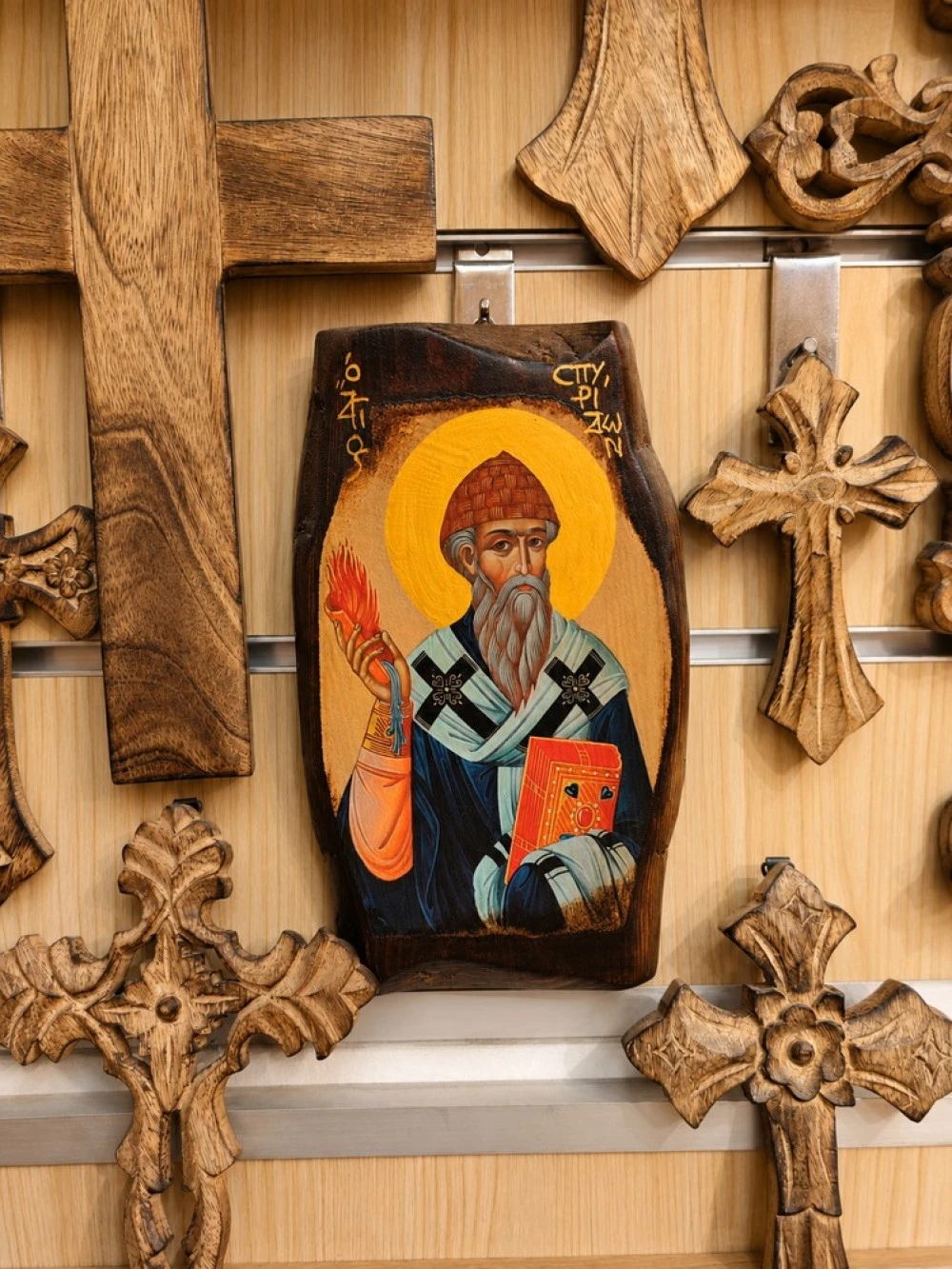 Icon of Saint Spyridon on Natural Pine Wood Irregural shaped 2