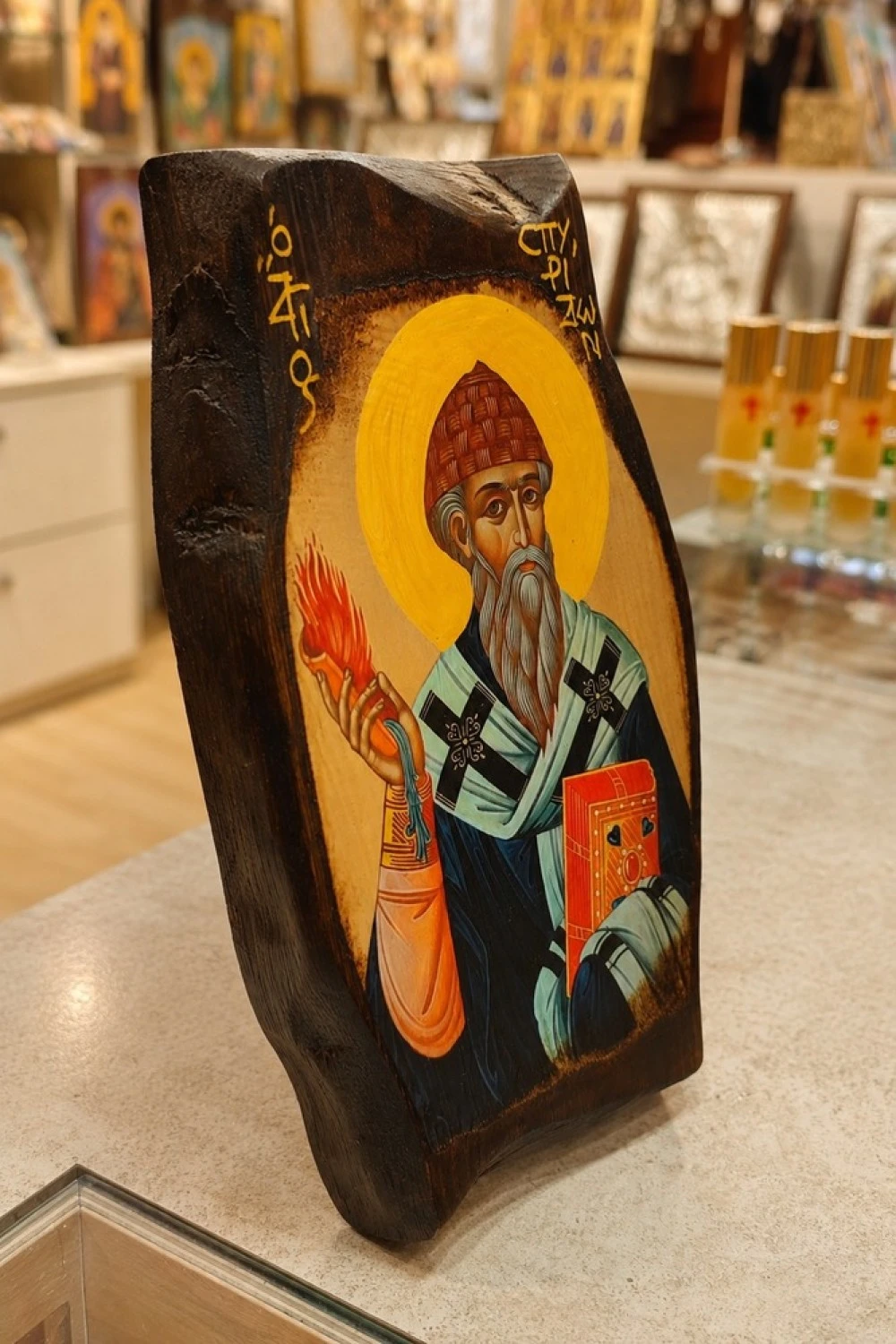 Icon of Saint Spyridon on Natural Pine Wood Irregural shaped 3