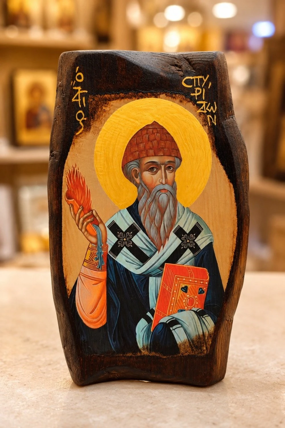 Icon of Saint Spyridon on Natural Pine Wood Irregural shaped 4