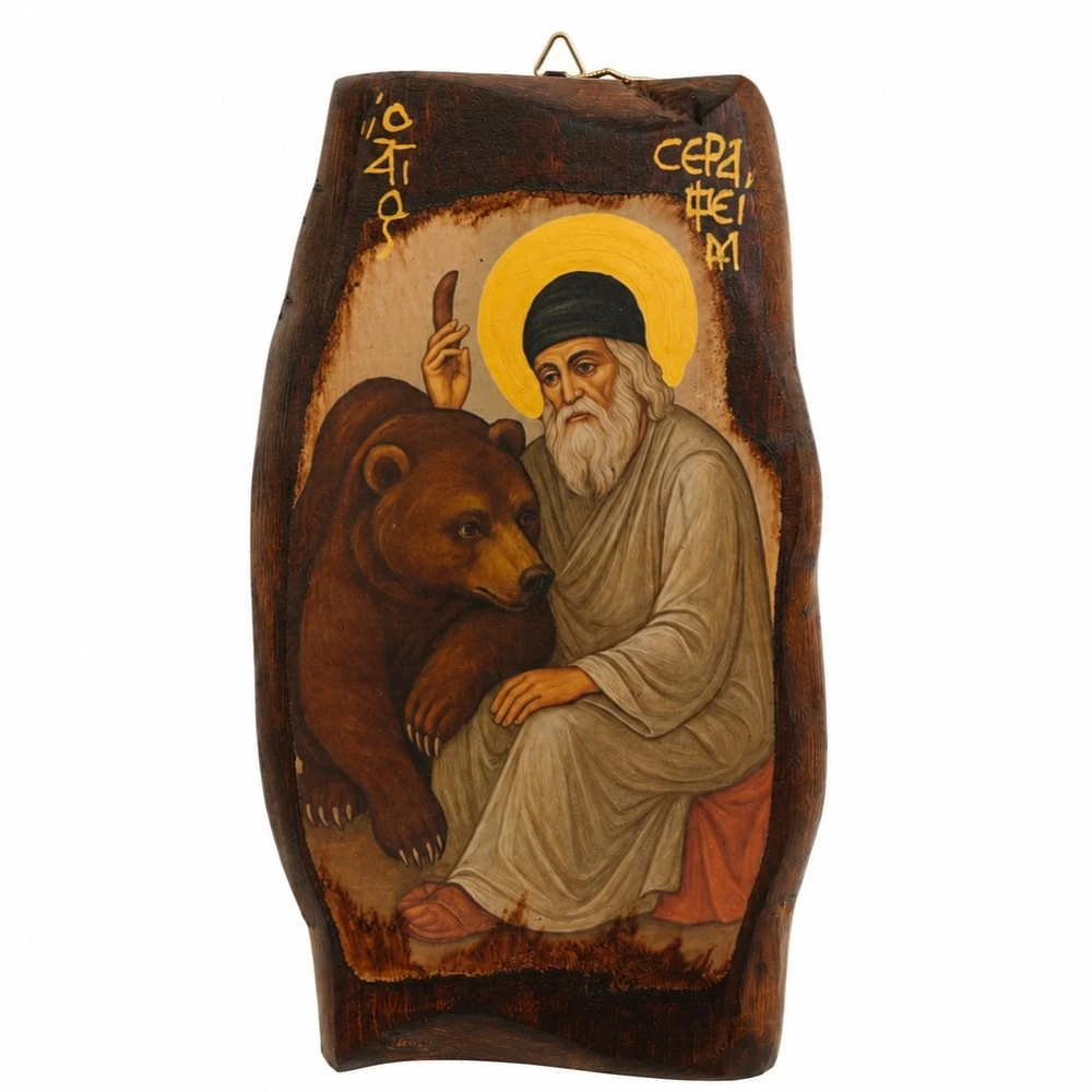 Icon of Saint Seraphim of Sarov on Natural Pine Wood Irregural shaped 1