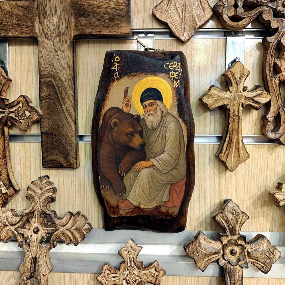 Icon of Saint Seraphim of Sarov on Natural Pine Wood Irregural shaped 2
