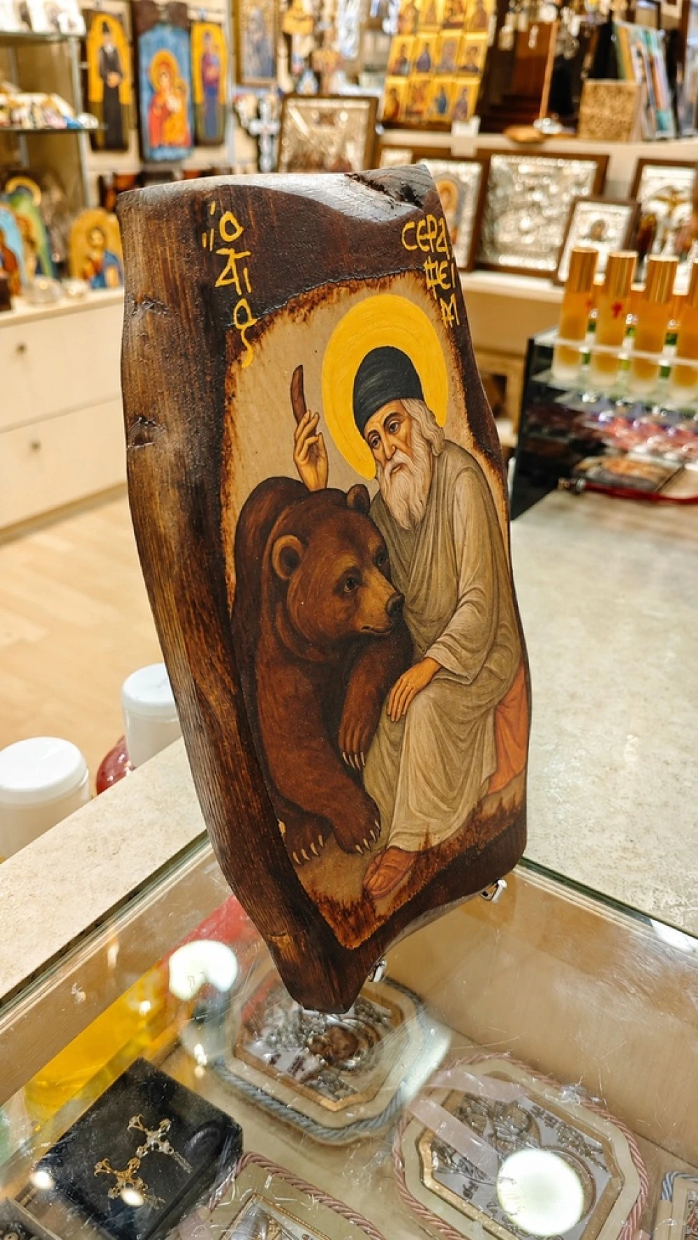 Icon of Saint Seraphim of Sarov on Natural Pine Wood Irregural shaped 3