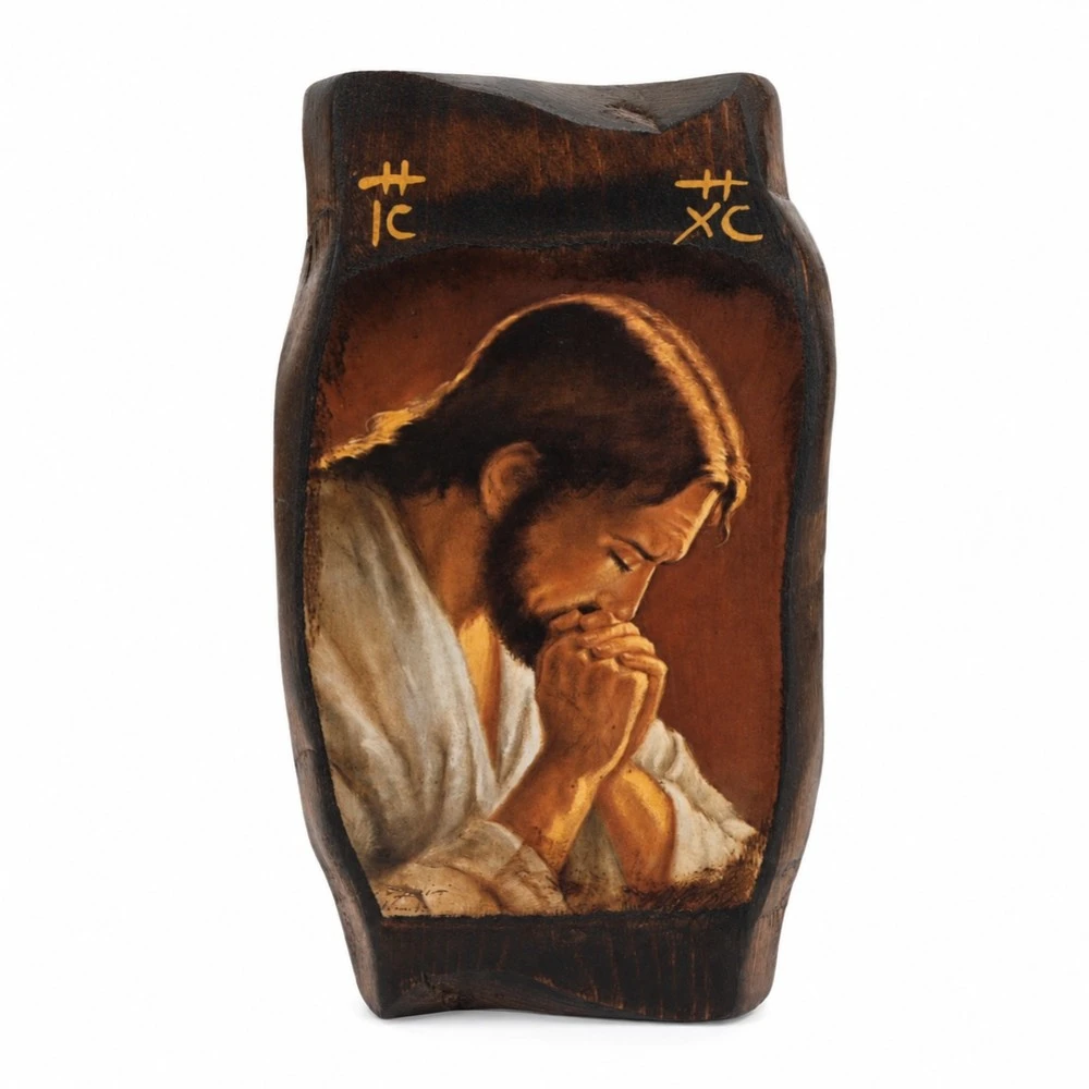 Icon of «Christ in Contemplation» on Natural Pine Wood Irregural shaped 1