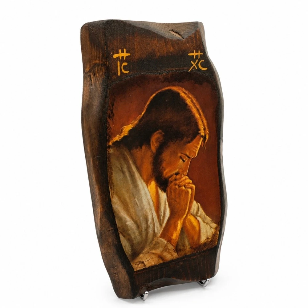 Icon of «Christ in Contemplation» on Natural Pine Wood Irregural shaped 2