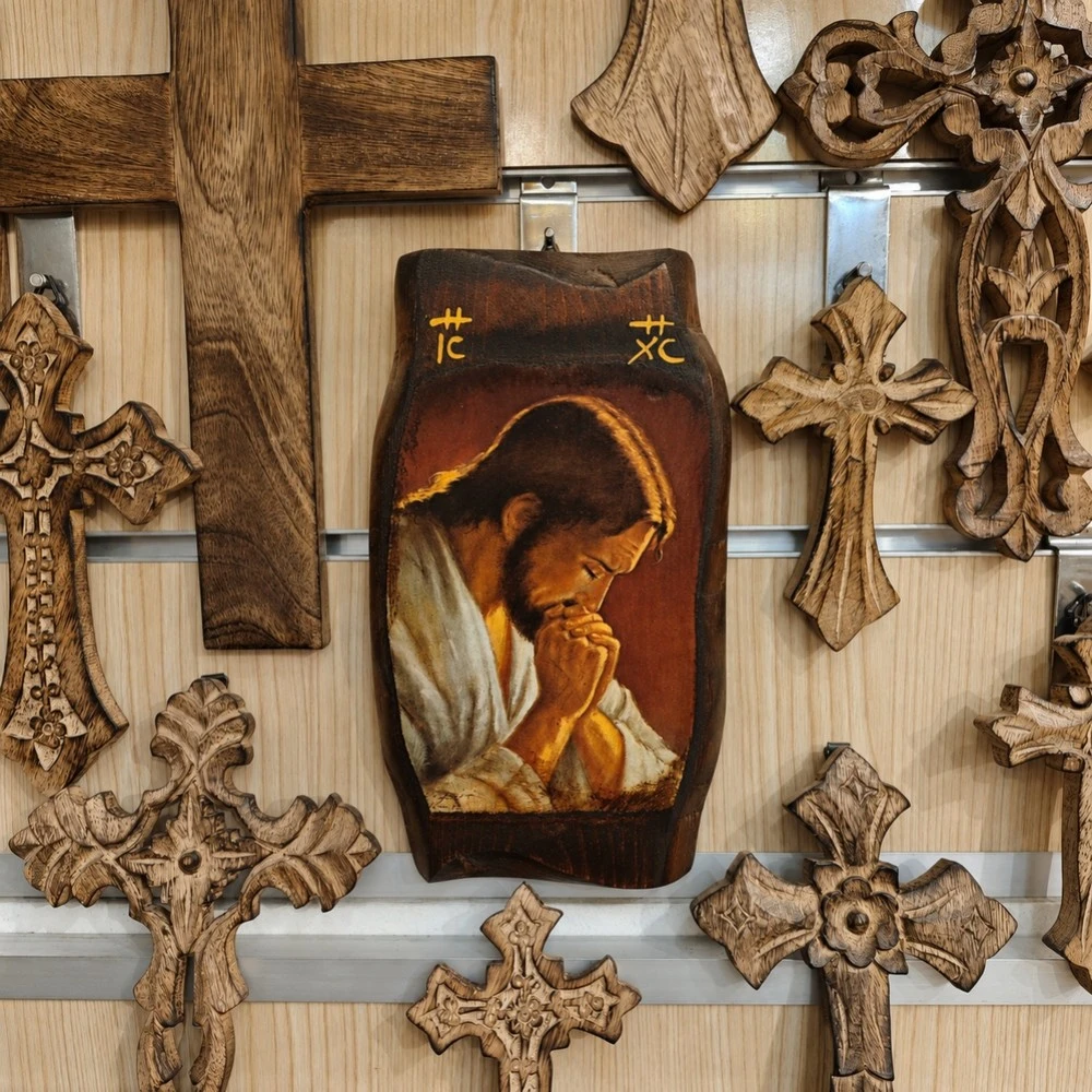 Icon of «Christ in Contemplation» on Natural Pine Wood Irregural shaped 3