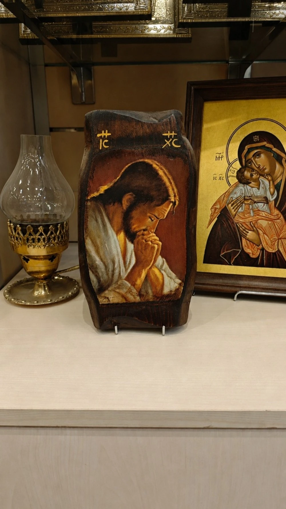 Icon of «Christ in Contemplation» on Natural Pine Wood Irregural shaped 4