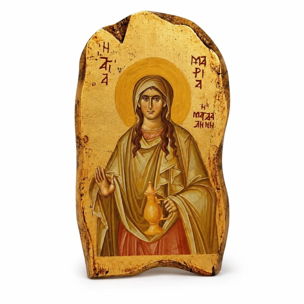 Icon of Saint Mary Magdalene on Natural Pine Wood Painted Gold 1