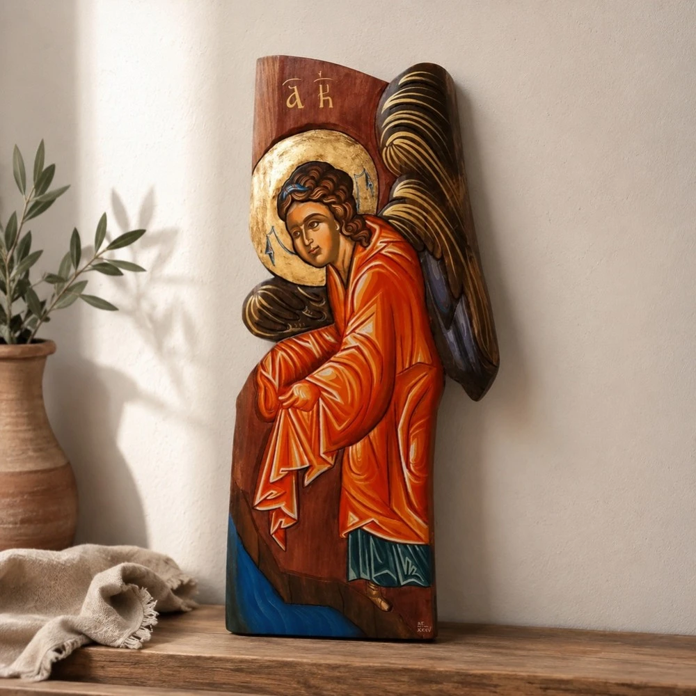 Χειροποίητη ξυλόγλυπτη αγιογραφία Αρχαγγέλου σε φυσικό ξύλο  2