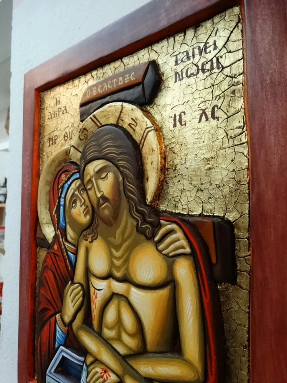 Χειροποίητη Ξυλόγλυπτη Εικόνα «Άκρα Ταπείνωση» σε Φυσικό Ξύλο 25x30cm 2